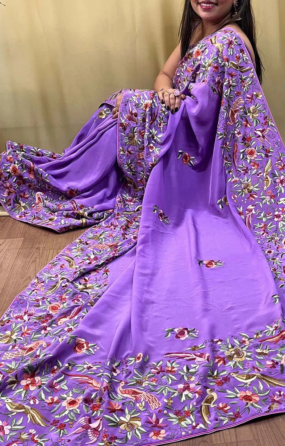 Parsi Gara Crepe Saree: Exquisite Hand Embroidery in Regal Purple