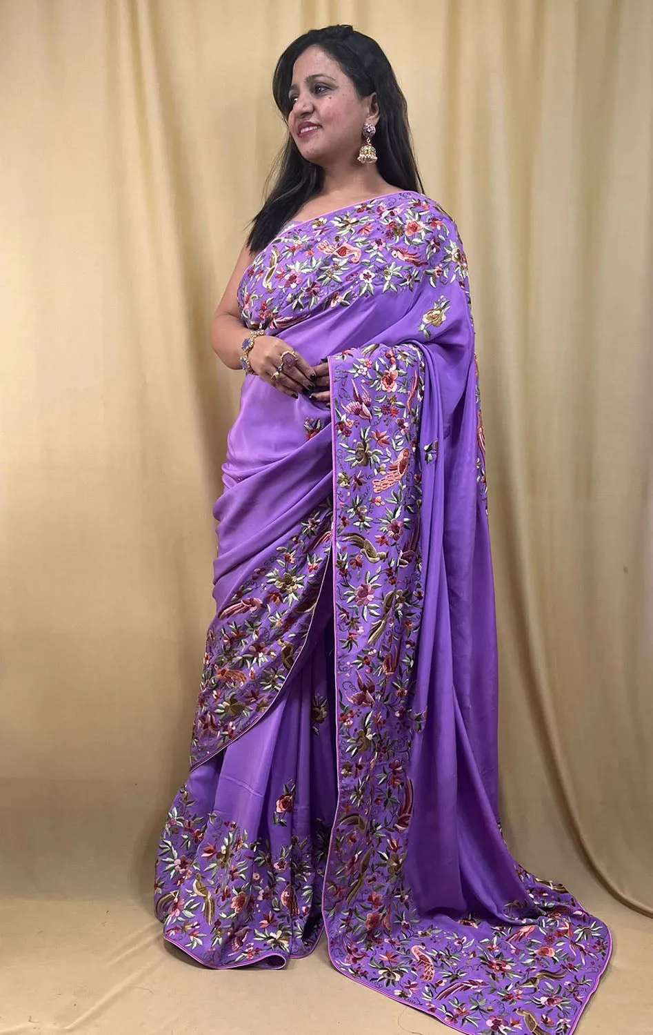 Parsi Gara Crepe Saree: Exquisite Hand Embroidery in Regal Purple