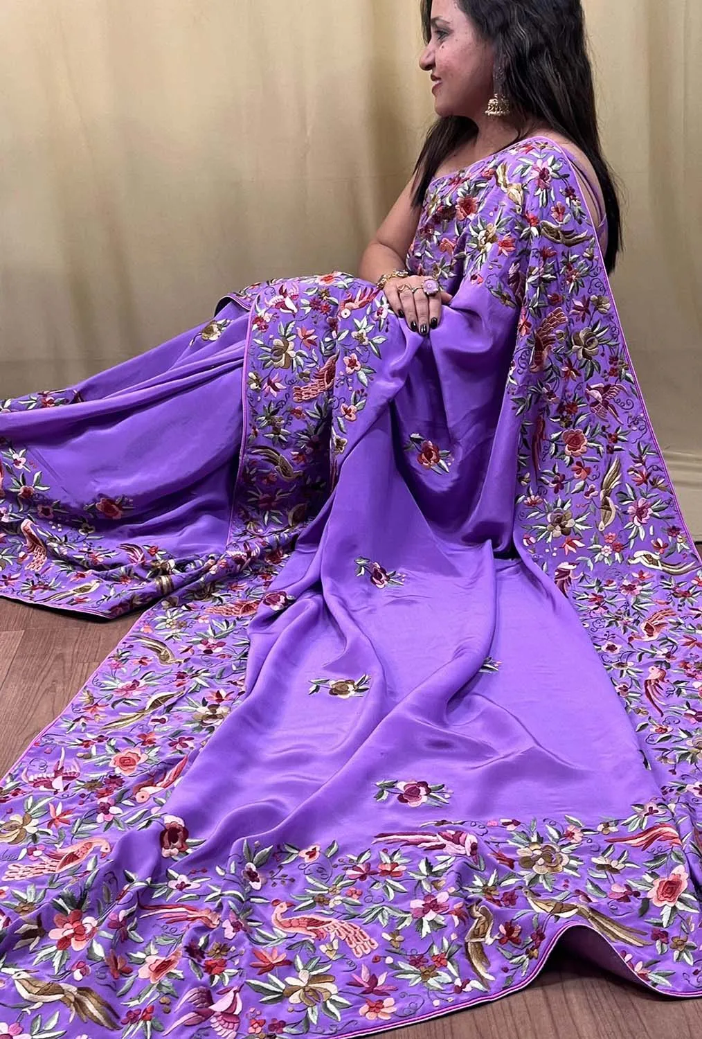 Parsi Gara Crepe Saree: Exquisite Hand Embroidery in Regal Purple