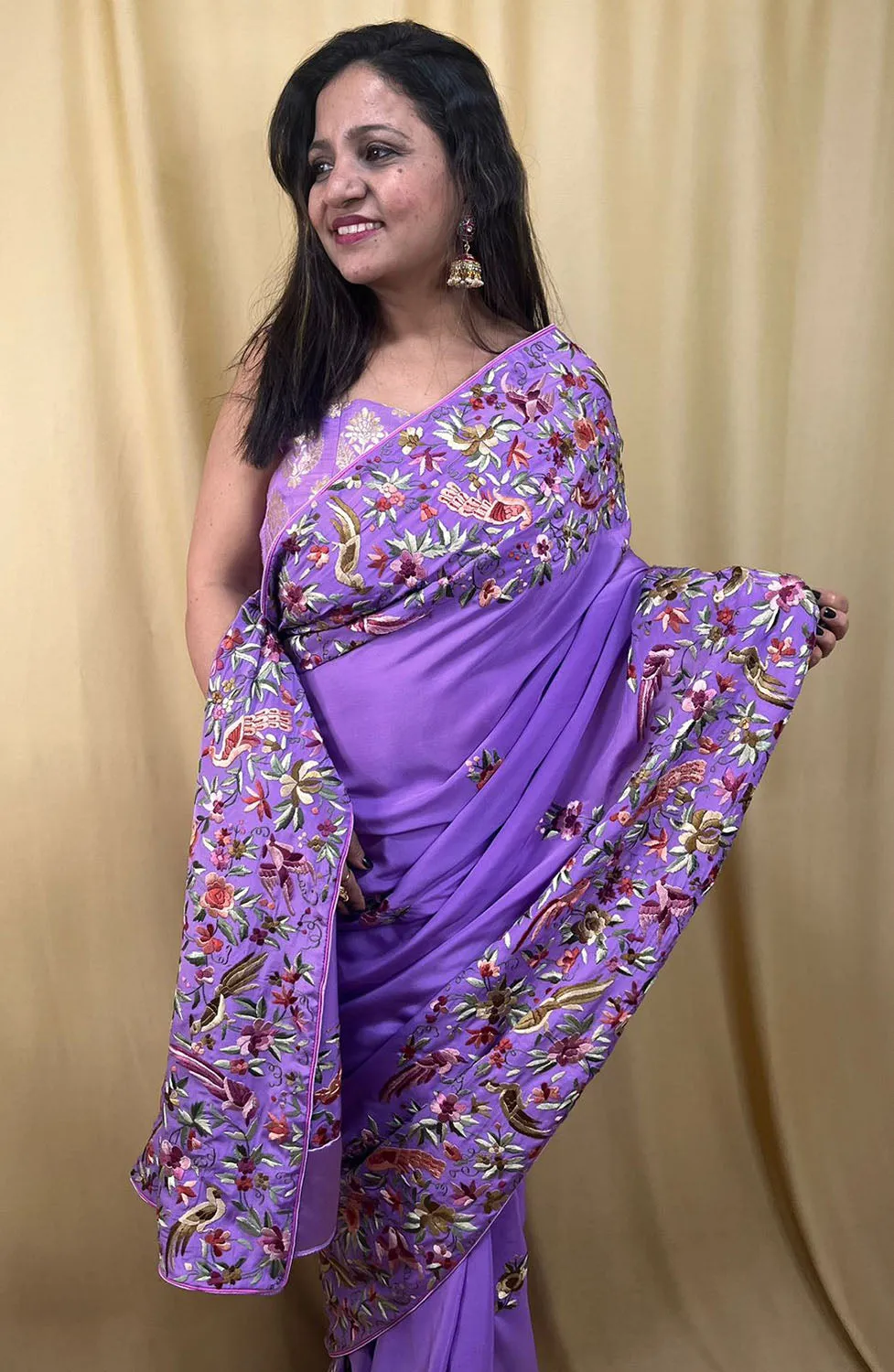 Parsi Gara Crepe Saree: Exquisite Hand Embroidery in Regal Purple
