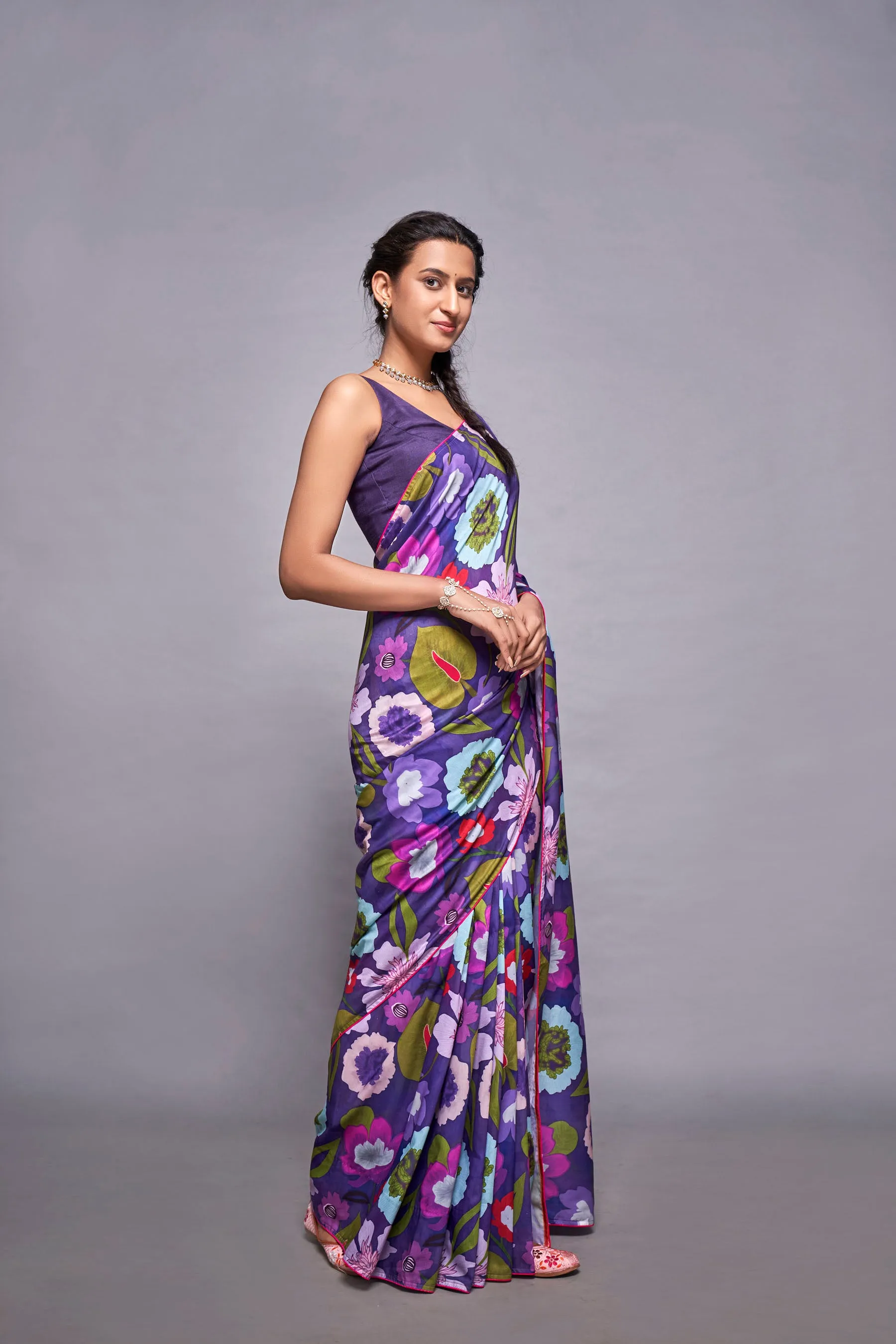 Purple Sapphire Floral Printed Muslin Saree With Co-ord Lace