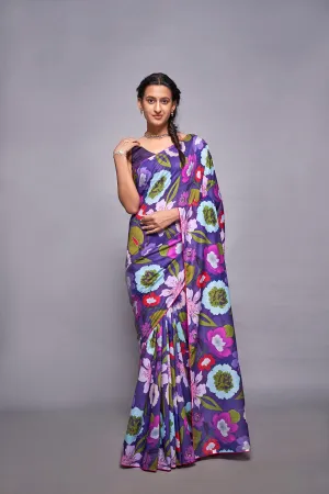 Purple Sapphire Floral Printed Muslin Saree With Co-ord Lace
