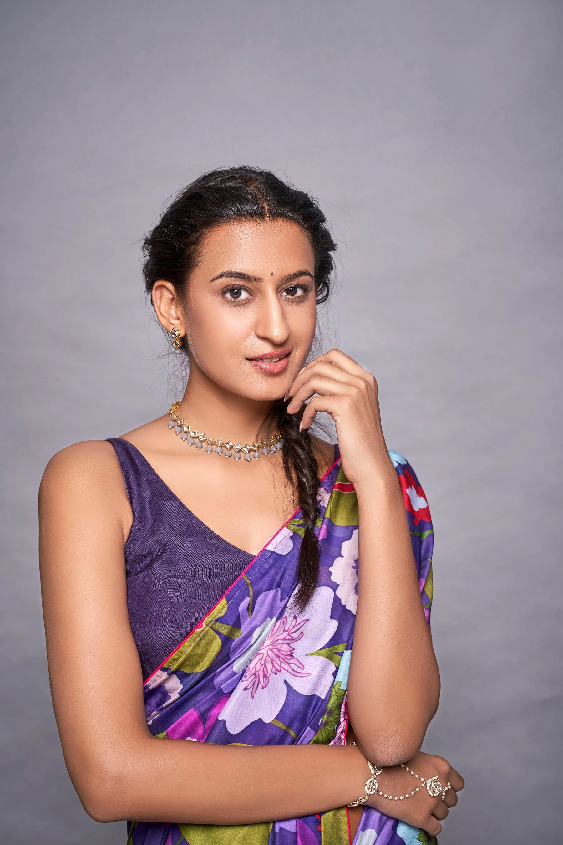 Purple Sapphire Floral Printed Muslin Saree With Co-ord Lace