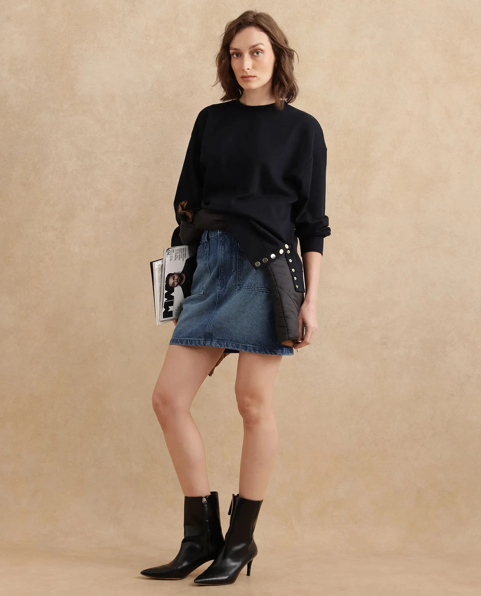 Rareism Women Snappy Black Cotton Blend Fabric Full Sleeve Crew Neck Button Closure Relaxed Fit Plain Sweatshirt