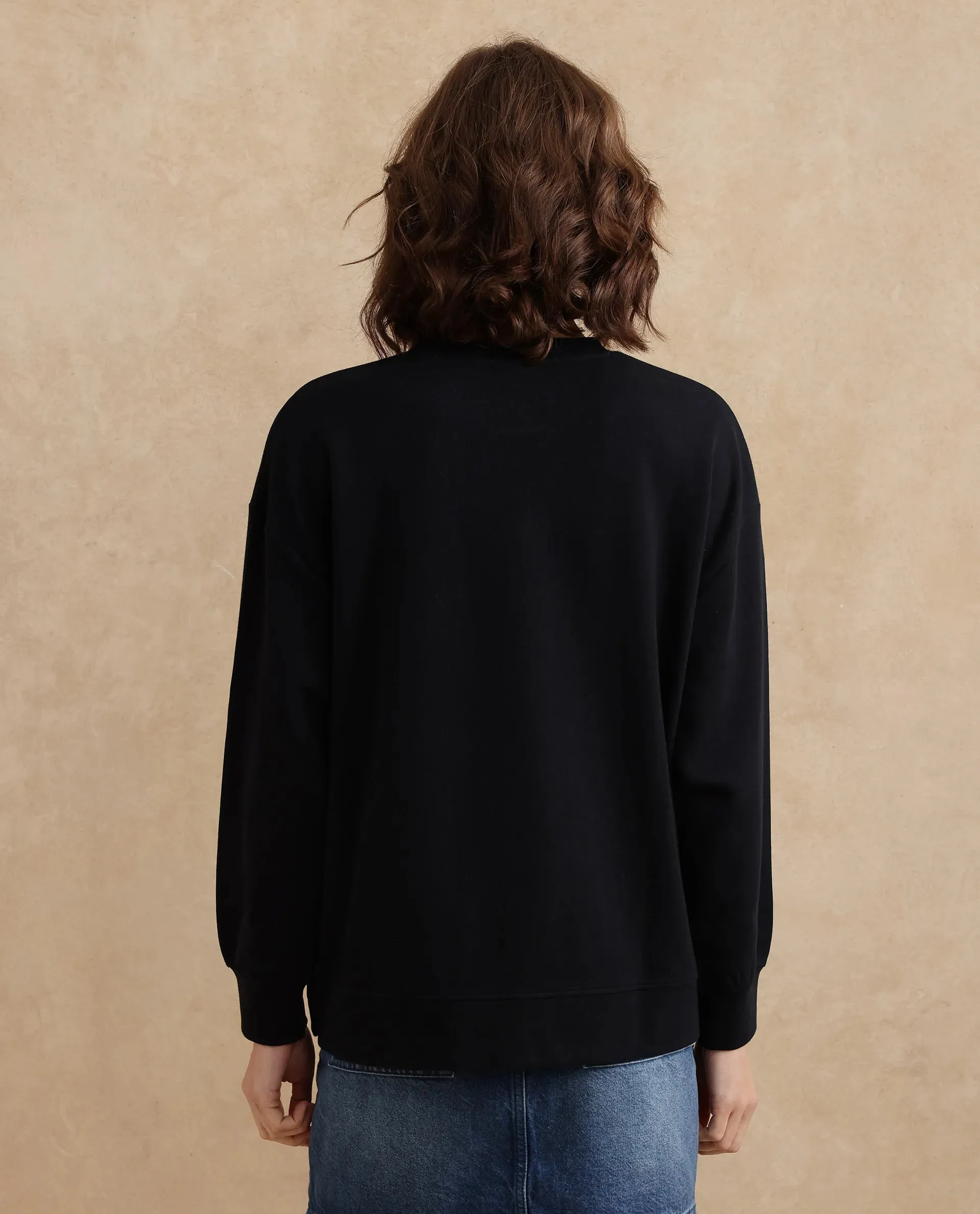 Rareism Women Snappy Black Cotton Blend Fabric Full Sleeve Crew Neck Button Closure Relaxed Fit Plain Sweatshirt