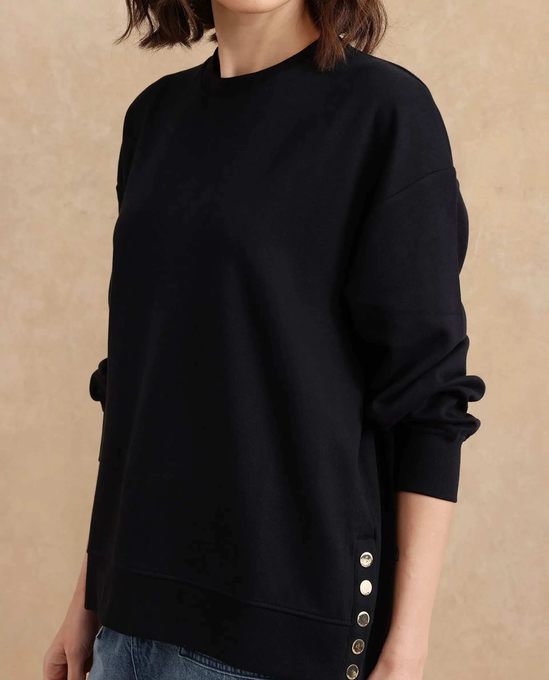 Rareism Women Snappy Black Cotton Blend Fabric Full Sleeve Crew Neck Button Closure Relaxed Fit Plain Sweatshirt