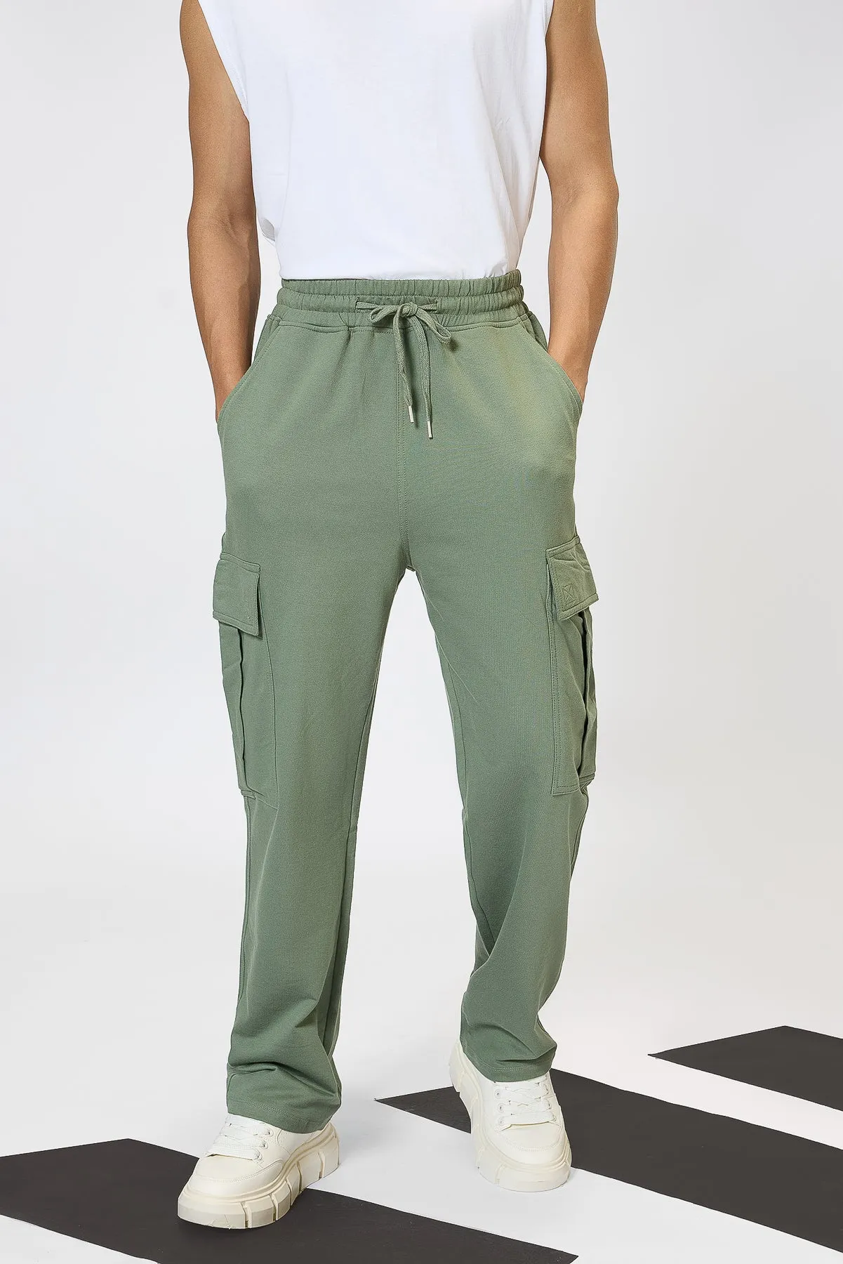 Relaxed Fit Cotton Knitted Men's Jogger Cargos - Sage Green