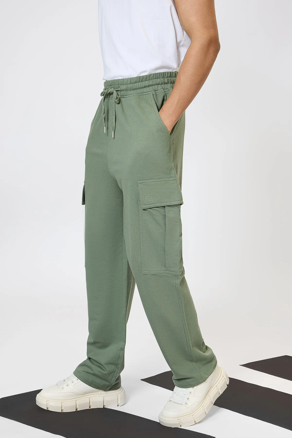 Relaxed Fit Cotton Knitted Men's Jogger Cargos - Sage Green