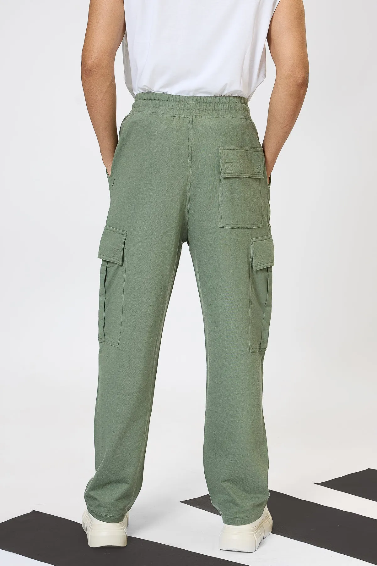 Relaxed Fit Cotton Knitted Men's Jogger Cargos - Sage Green