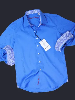 Robert Graham 18005 100% Cotton Boy's Sport Shirt - Jacquard Paisley - Blue, Modified Spread Collar