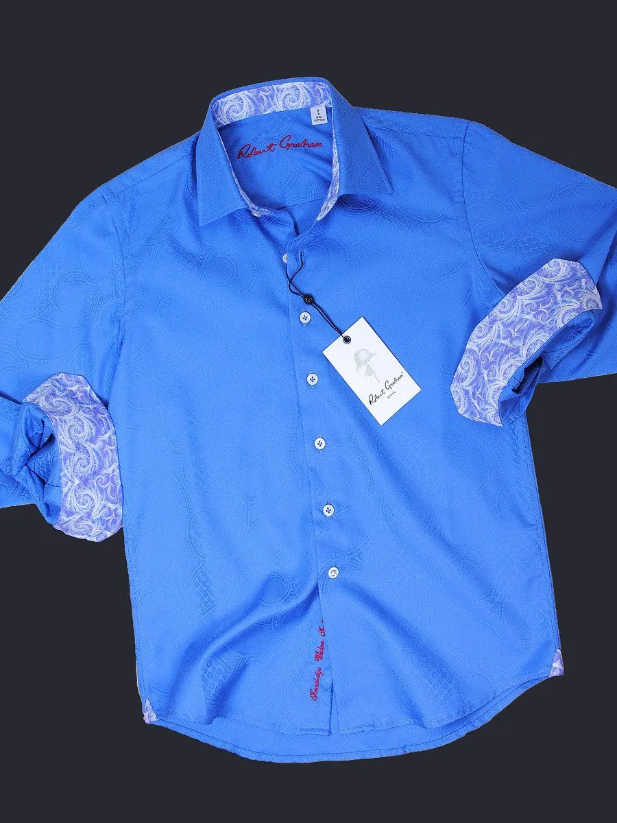 Robert Graham 18005 100% Cotton Boy's Sport Shirt - Jacquard Paisley - Blue, Modified Spread Collar