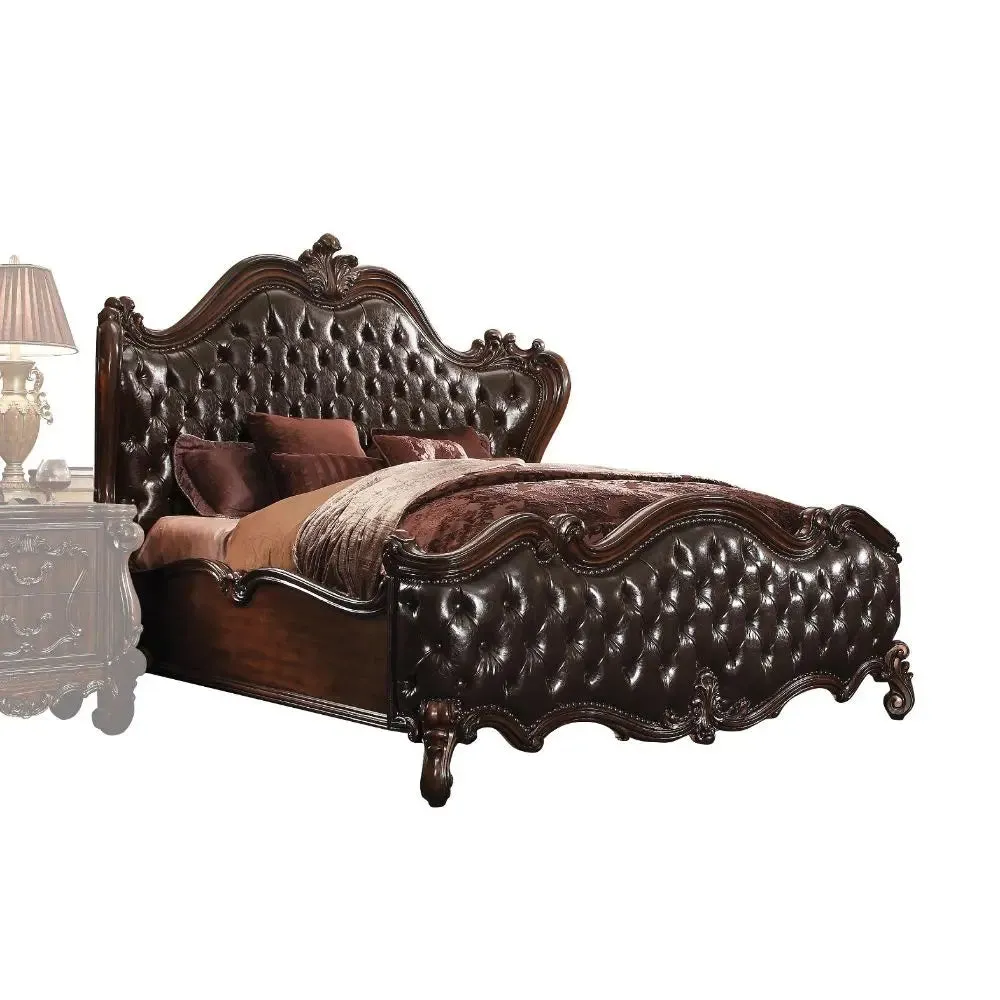 Ronald Wingback Button Tufted King Bed, 2-Tone Dark Brown Faux Leather & Cherry Oak