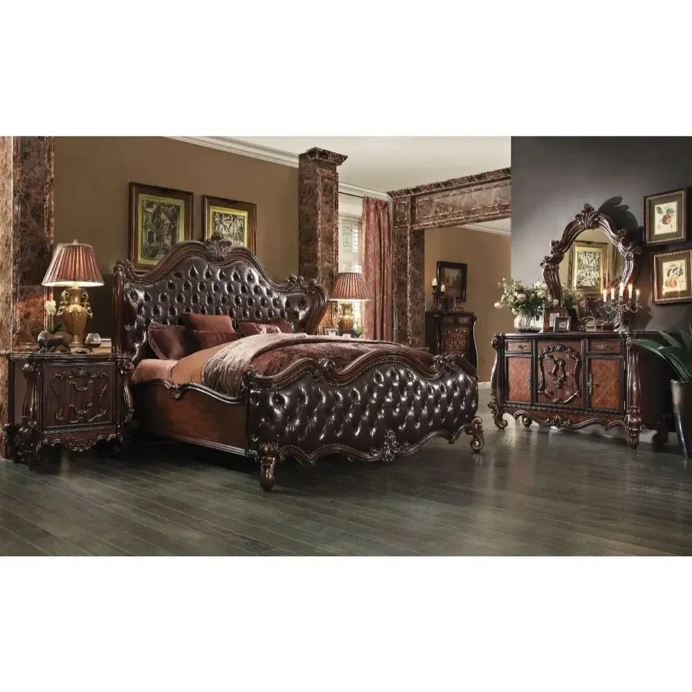 Ronald Wingback Button Tufted King Bed, 2-Tone Dark Brown Faux Leather & Cherry Oak