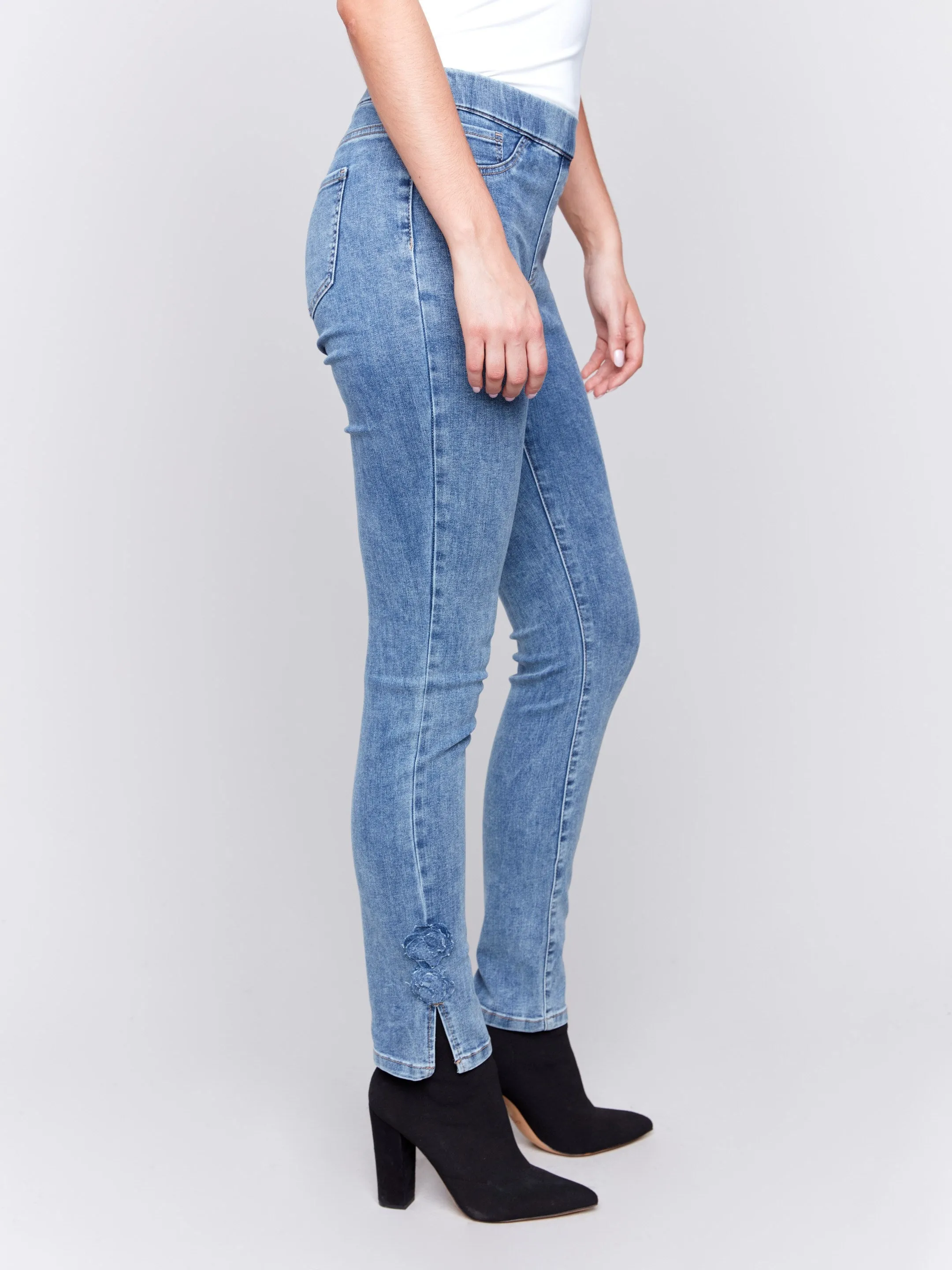 Slim Jeans With Side Roses - Medium Blue