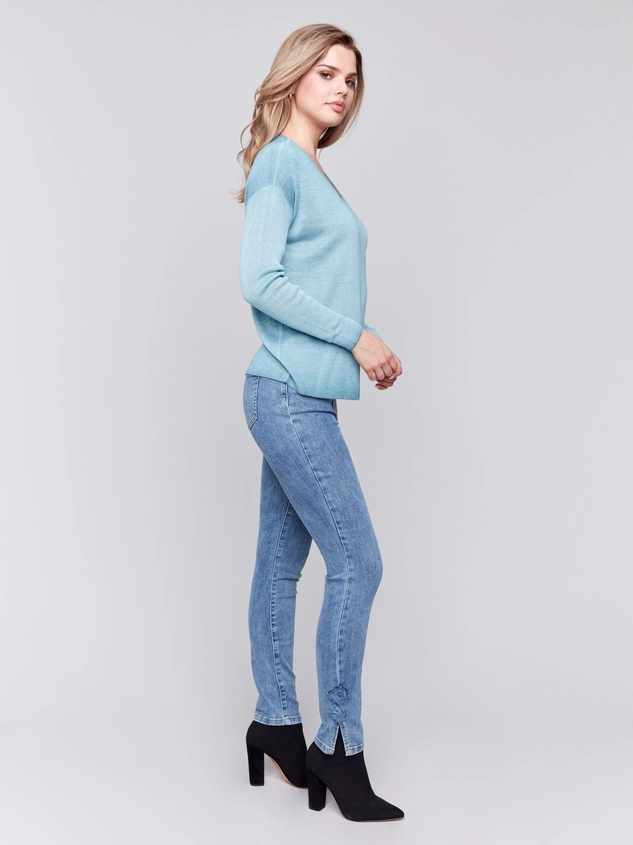 Slim Jeans With Side Roses - Medium Blue