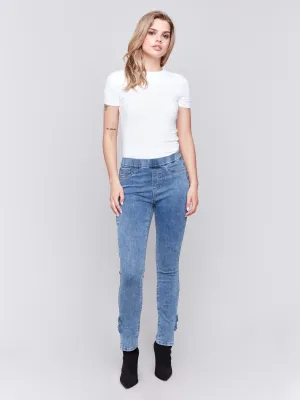 Slim Jeans With Side Roses - Medium Blue