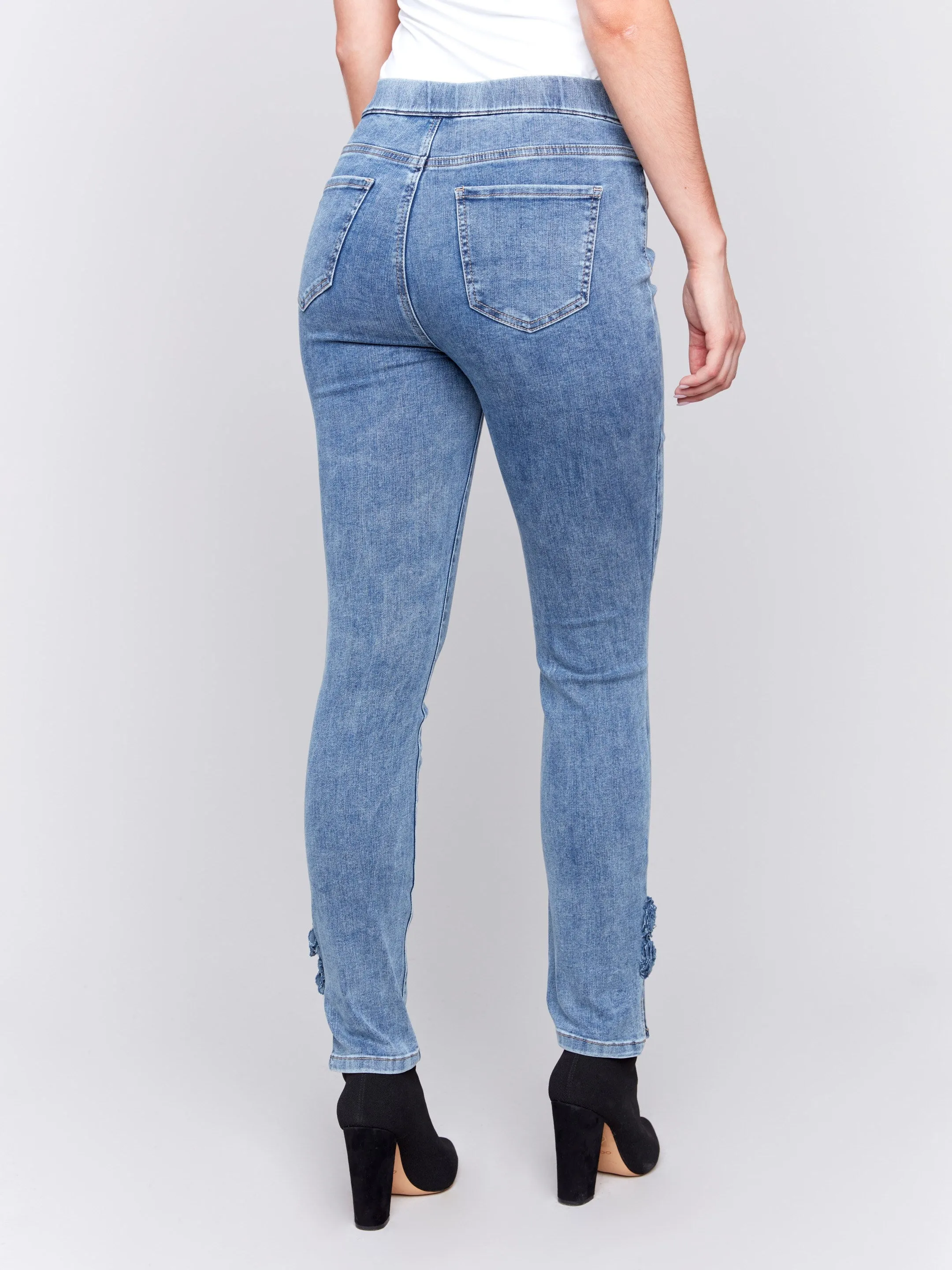 Slim Jeans With Side Roses - Medium Blue