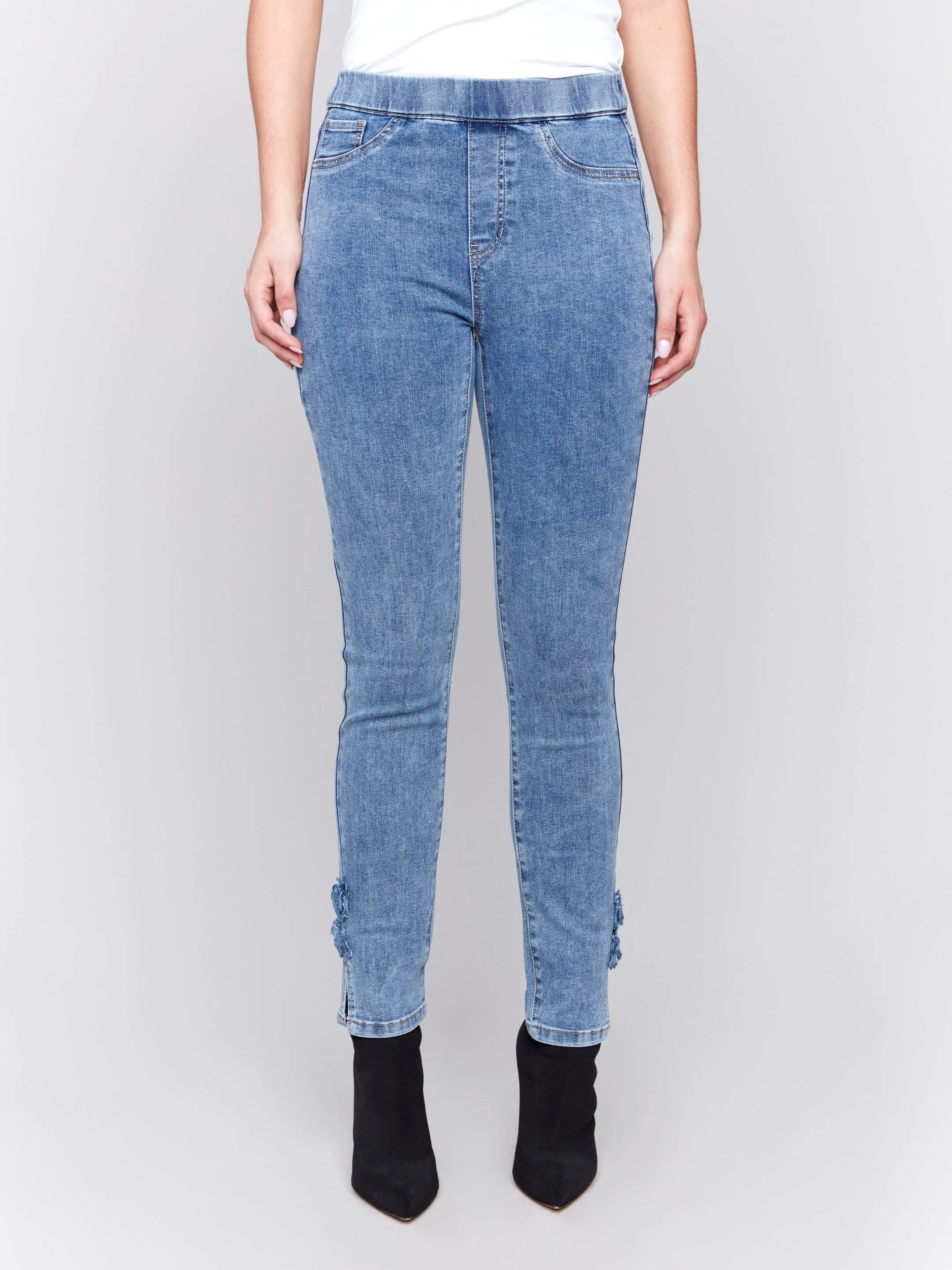 Slim Jeans With Side Roses - Medium Blue