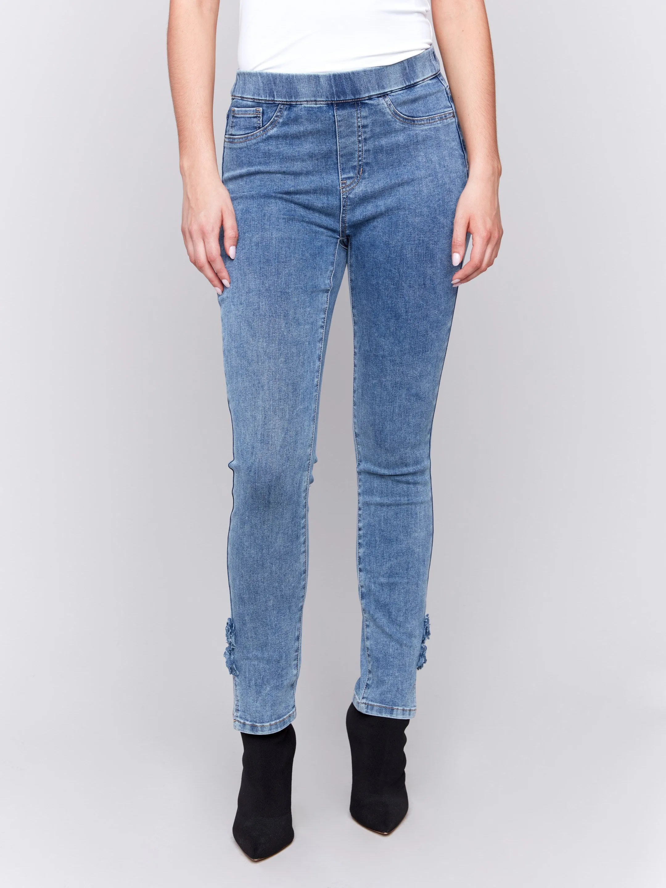 Slim Jeans With Side Roses - Medium Blue