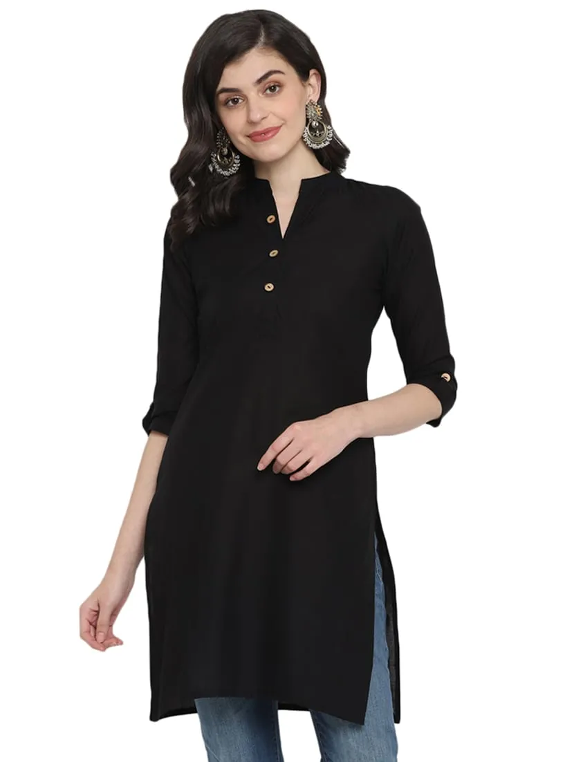 Women Black Solid Cotton Straight Kurta