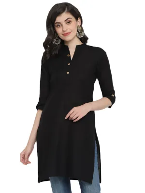 Women Black Solid Cotton Straight Kurta