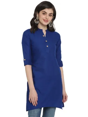 Women Blue Solid Cotton Straight Kurta