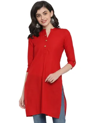 Women Red Solid Cotton Straight Kurta