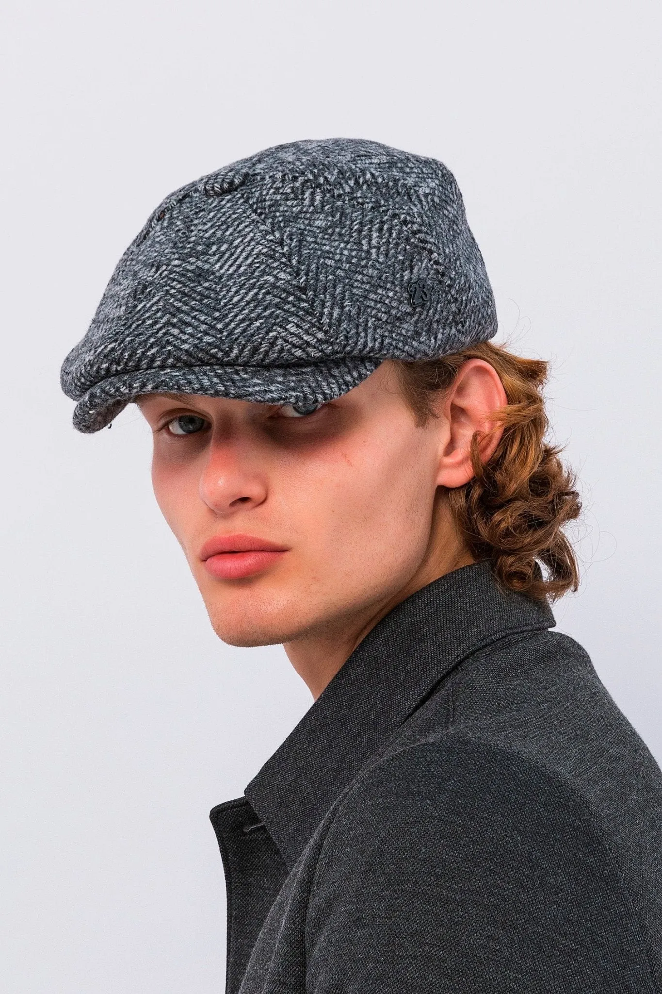 Wool Blend Chevron Newsboy Cap - Dark Grey
