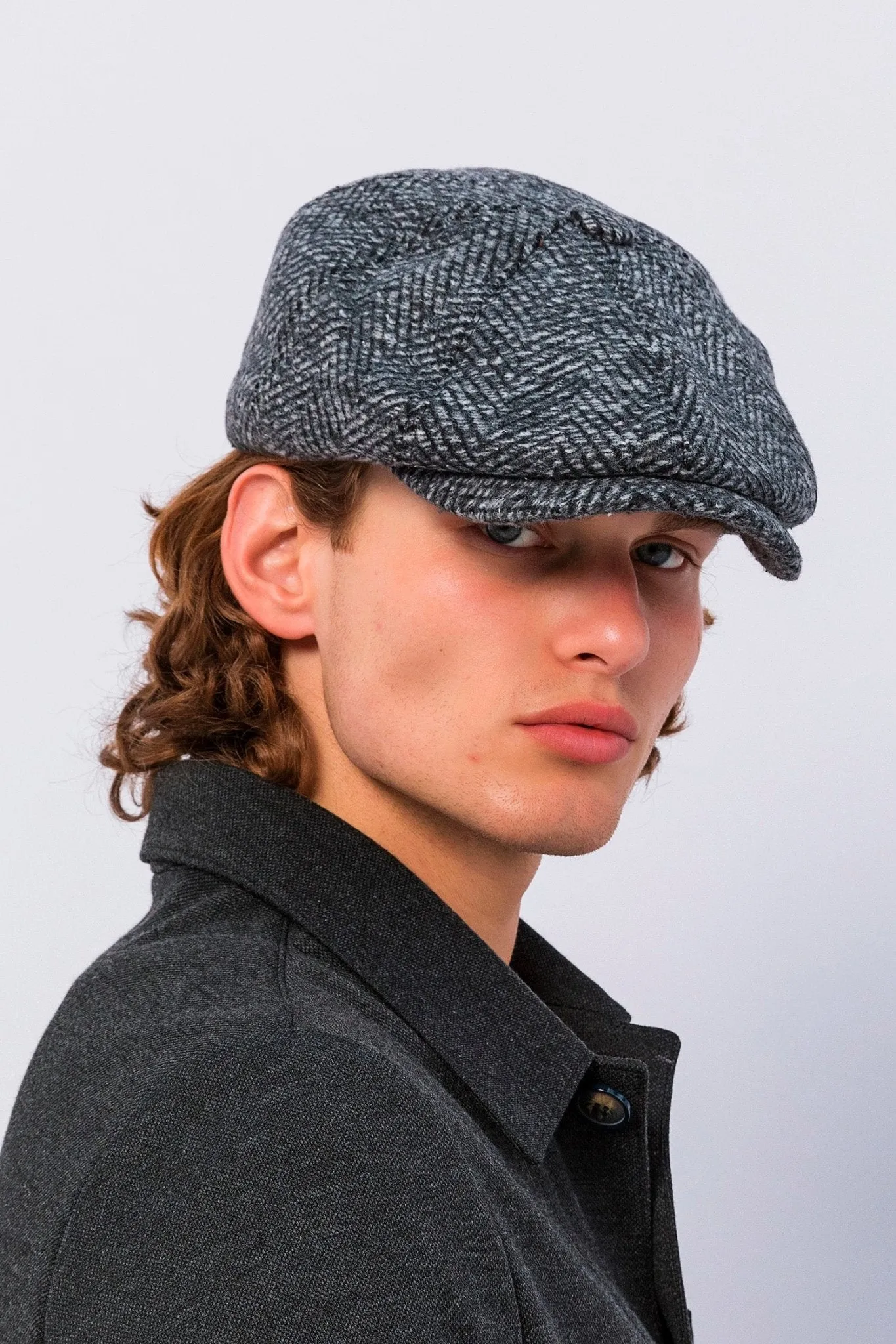 Wool Blend Chevron Newsboy Cap - Dark Grey