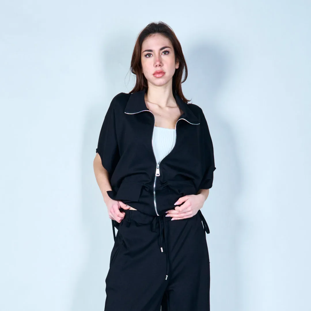 Zip-up short-sleeve hoodie with pockets wholesale
