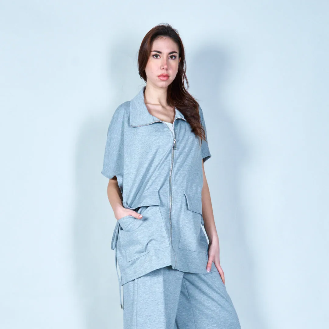 Zip-up short-sleeve hoodie with pockets wholesale
