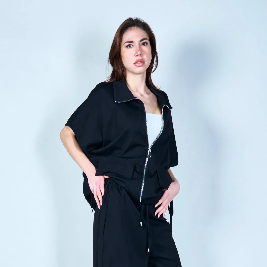 Zip-up short-sleeve hoodie with pockets wholesale